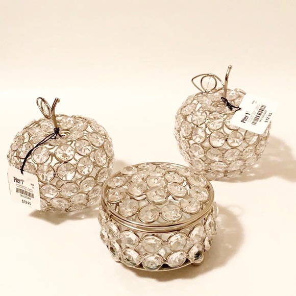 PIER 1 Silver Crystal Rhinestone Jewel Apple and Jewelry Box Set